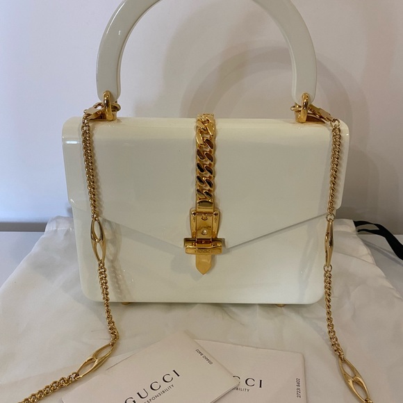 New GUCCI Plexiglass Mini Sylvie 1969 Top Handle Ivory White Chain Shoulder Bag - Picture 13 of 14
